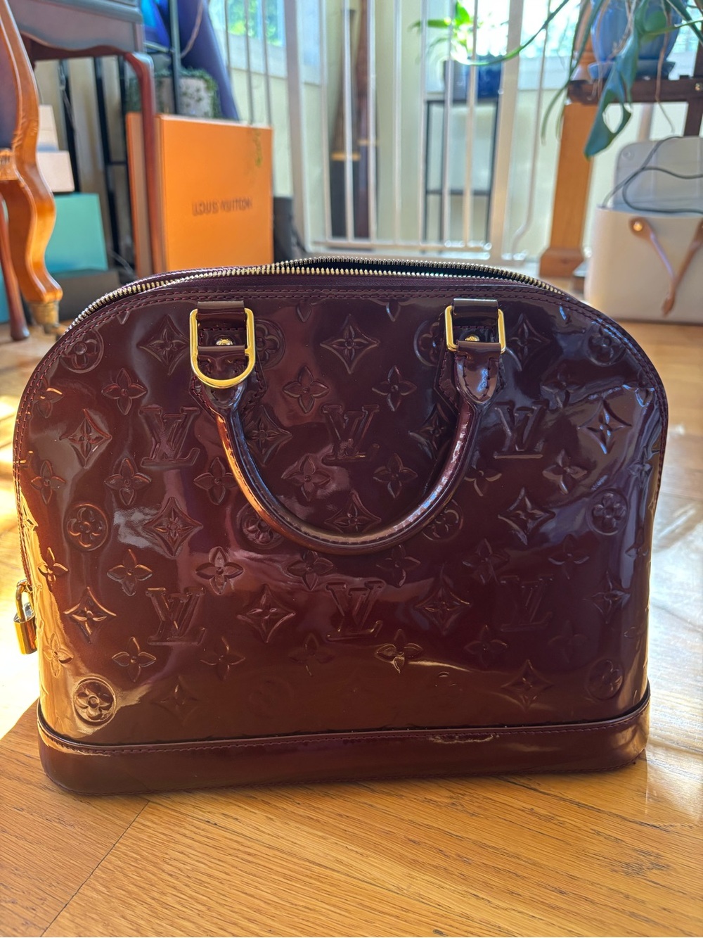Louis Vuitton Vernis Alma BB in Bordeaux Patent Leather with Gold Hardware